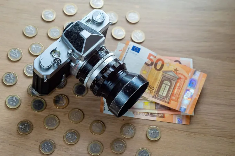 Eurobiljetten, munten en een fotocamera op een lichte houten ondergrond