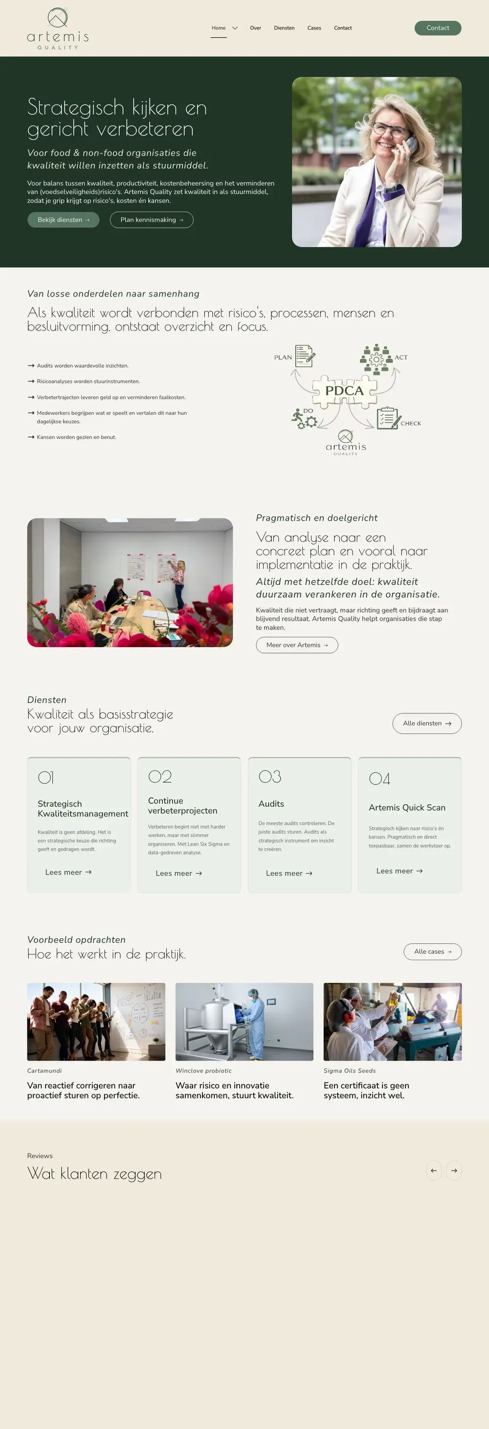 De homepage van Artemis Quality