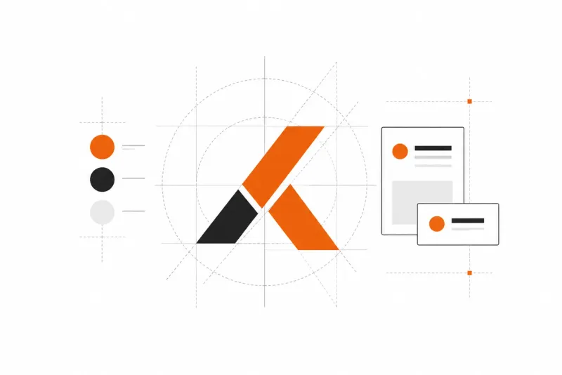 Illustratie van een logo op een constructieraster met kleurstalen en visitekaartjes