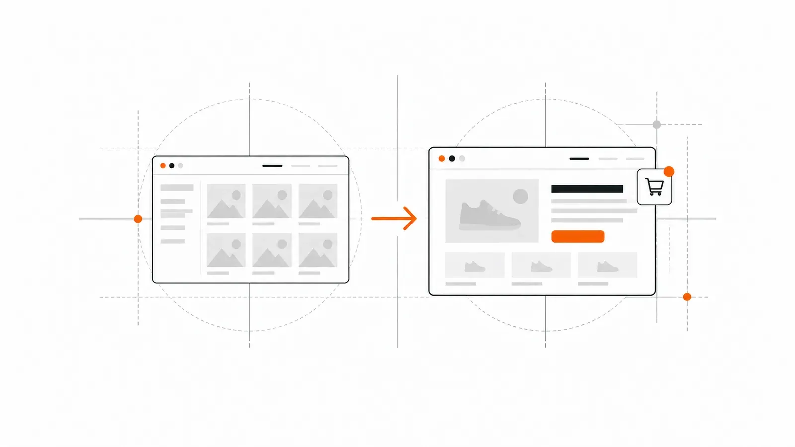 Illustratie van een oude webshop die overgaat in een rustige nieuwe productpagina met winkelwagen