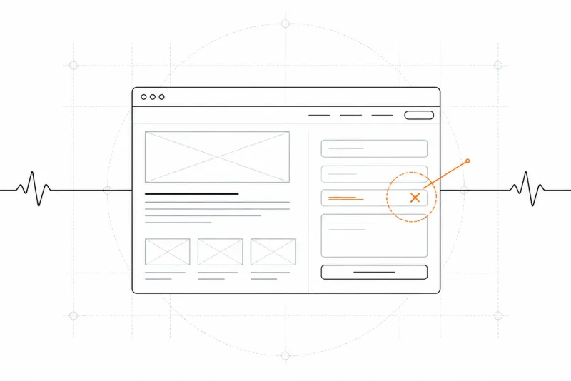 Schets van een website die gewoon online is, terwijl één veld in het contactformulier kapot is en oranje omcirkeld wordt