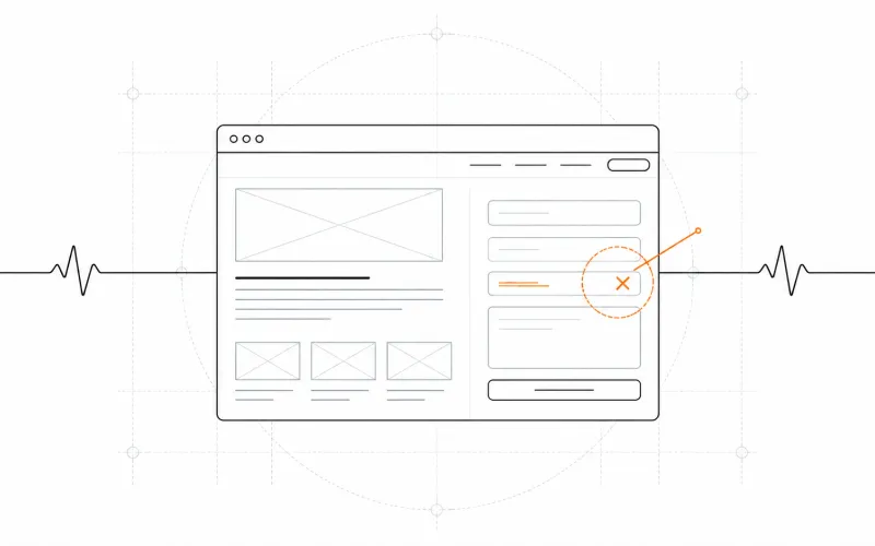 Schets van een website die gewoon online is, terwijl één veld in het contactformulier kapot is en oranje omcirkeld wordt