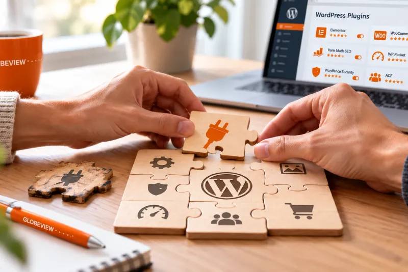 Handen passen een nieuw puzzelstuk met een stekker-icoon in een houten WordPress-puzzel, naast een oud, versleten stuk; op de achtergrond een laptop met een overzicht van WordPress-plugins en een Globeview-mok
