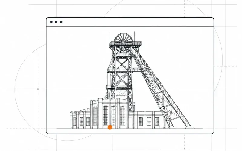 Lijntekening van de mijnschacht van Heerlen in een browservenster