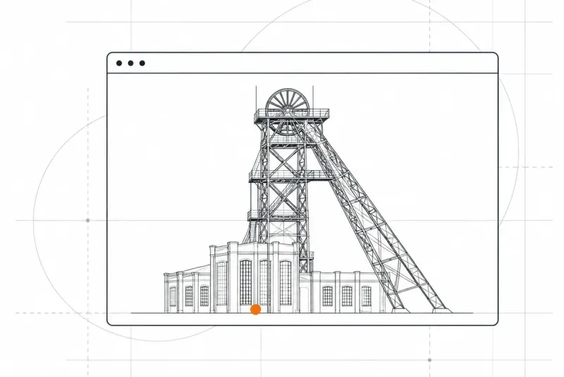 Lijntekening van de mijnschacht van Heerlen in een browservenster