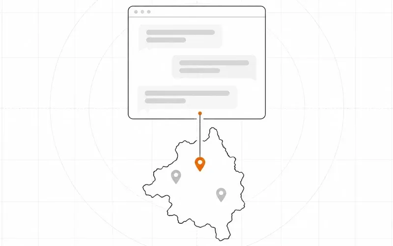 Lijntekening van een chatvenster met een lijn naar een oranje pin op een kaart van Limburg