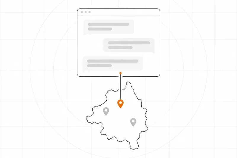 Lijntekening van een chatvenster met een lijn naar een oranje pin op een kaart van Limburg