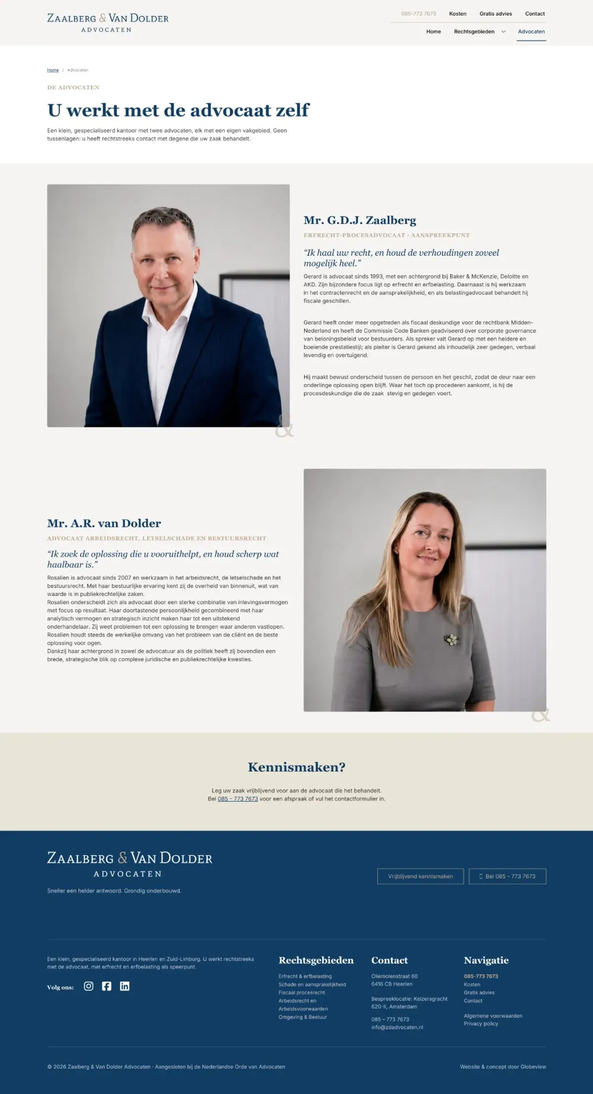 De advocatenpagina van Zaalberg & Van Dolder met de twee advocaten