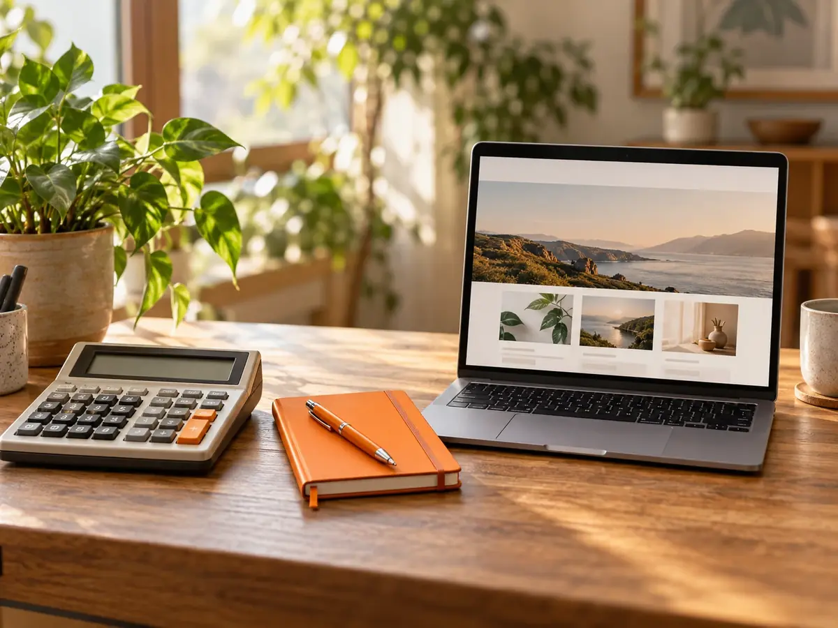 Rekenmachine en notitieboek naast een laptop met een website op het bureau
