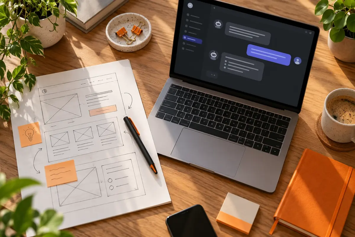 Een wireframe op papier naast een laptop met een AI-chat: een website voorbereiden met AI