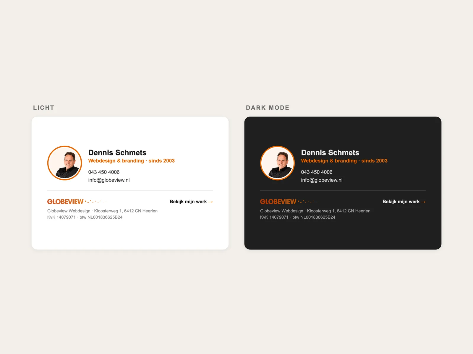 Dezelfde e-mailhandtekening van Dennis Schmets naast elkaar in licht en in dark mode: tekst wordt licht, het oranje accent en het logo blijven goed leesbaar