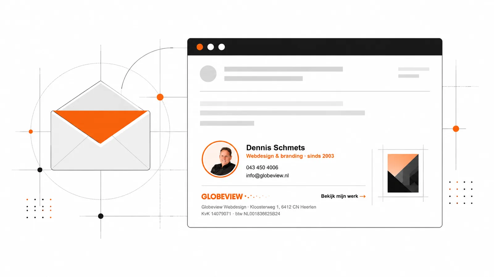 Illustratie van een envelop naast een geopende mail met de e-mailhandtekening van Dennis Schmets van Globeview