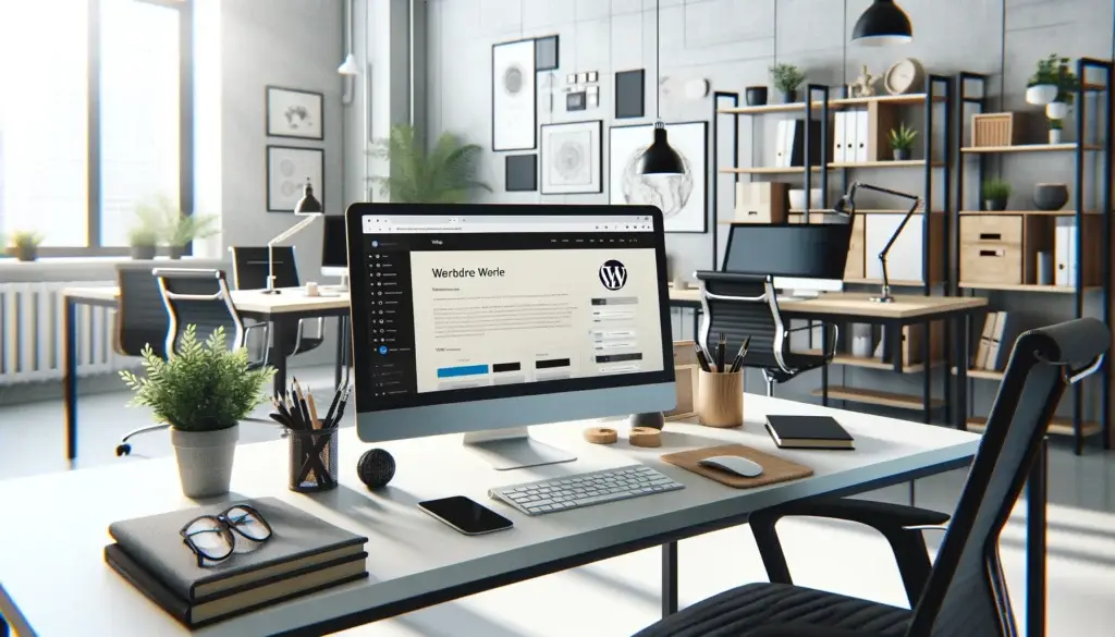 Een professionele en moderne webdesign werkplek met een WordPress interface op een computerscherm in een heldere en strakke kantooromgeving.